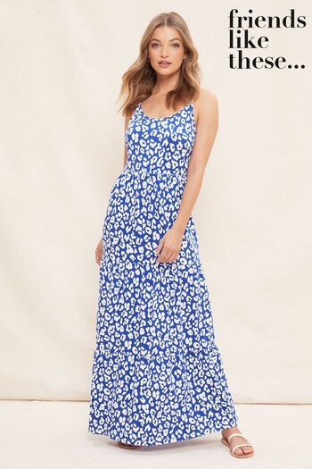 Friends Like These Blue Animal Strappy Tiered Scoop Neck Summer Maxi Dress (K37481) | £22