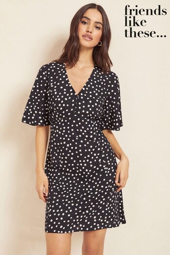 white long sleeves shirt Black/White Spot V Neck Flutter Sleeve Summer Mini Dress (K37482) | £30