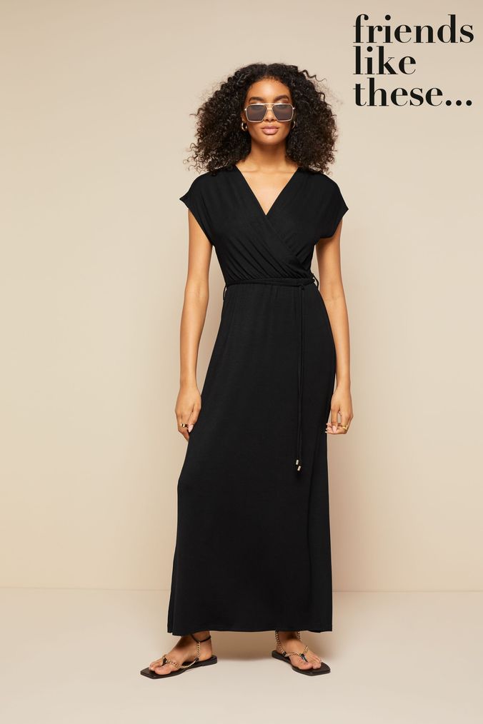 Friends Like These Black Short Sleeve Wrap V Neck Tie Waist Summer Maxi Dress (K37485) | £34