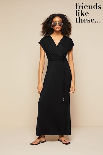 Friends Like These Black Short Sleeve Wrap V Neck Tie Waist Summer Maxi Dress (K37485) | £35