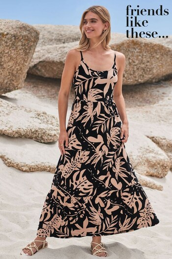 Friends Like These Black Tropical Strappy Tiered Scoop Neck Summer Maxi Dress (K37546) | £34