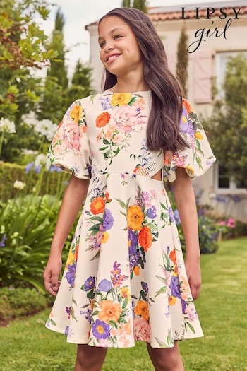 Lipsy White Floral Puff Sleeve Cut Out Scuba Dress (K37925) | £35 - £43