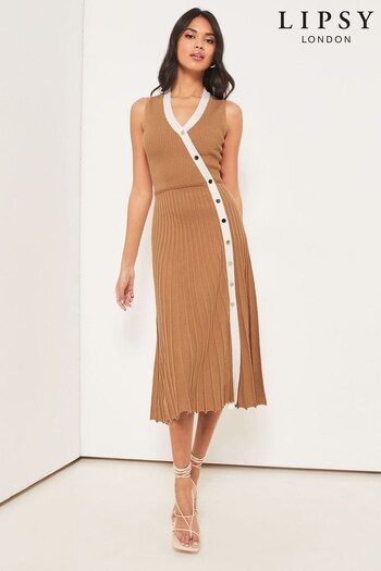 Lipsy Camel Sleeveless Ribbed Pleated Knitted Dress Tog (K38135) | £58