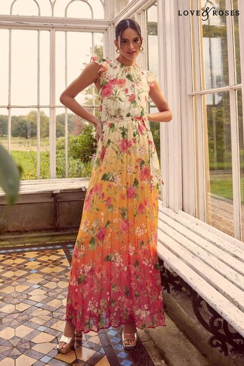 Love & Roses Ombre Floral Flutter Sleeve Pleated Summer Maxi Dress print (K38218) | £72