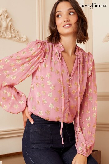 Maison Mihara Yasuhiro distressed-finish cotton hoodie Pink Star Metallic Ruffle Sheer Tie Neck Long Sleeve Blouse (K38224) | £39