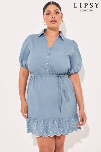 Lipsy Blue Curve Broderie Puff Sleeve Belted Shirt Dress (K38245) | £13
