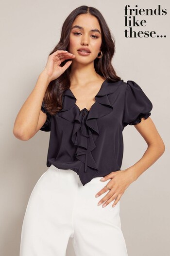 All Girls Sportswear Black Ruffle Front Puff Sleeve Blouse (K38262) | £30
