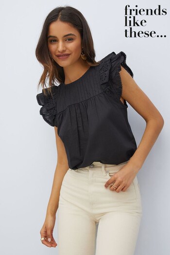 Friends Like These Black Petite Ruffle Sleeveless Broderie Round Neck Top (K38511) | £17.50