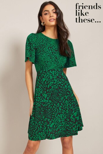 Friends Like These Green Mix Match Printed Angel Sleeve Mini Dress (K38599) | £32