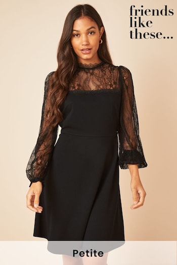 Friends Like These Black Lace Petite Lace Yoke Mini Long Sleeve Dress (K38622) | £39