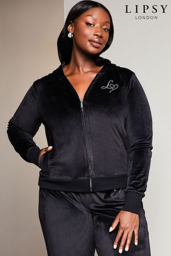 Lipsy Black Curve Embroidered Patch Velour Zip Up Hoodie (K38697) | £28