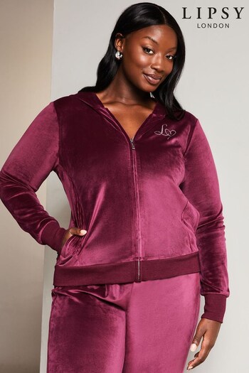 Lipsy Berry Red Curve Embroidered Patch Velour Zip Up Hoodie (K38699) | £28