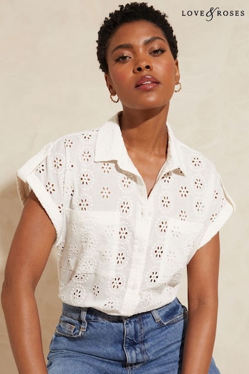 Love & Roses White Roll Sleeve Pocket Button Through Shirt (K38736) | £32