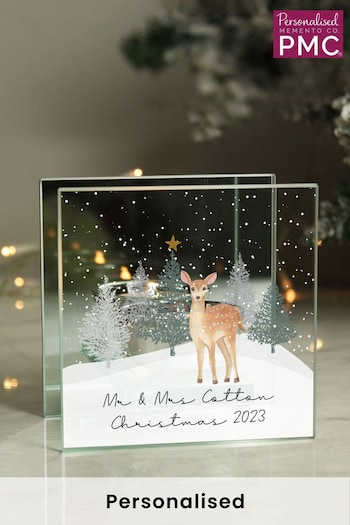 Personalised Christmas Deer Mirrored Glass Tea Light Holder by PMC (K38773) | £15