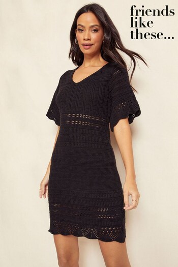 Friends Like These Black V Neck Short Sleeve Crochet Dress (K39021) | £40