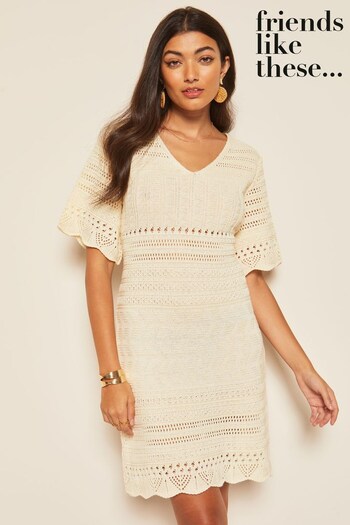 Friends Like These Cream V Neck Short Sleeve Crochet Dress (K39136) | £40