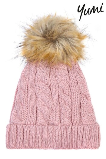 Yumi Pink Cable Knit Hat With Pom Pom (K39160) | £21