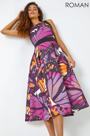 Roman Purple Multi Premium Stretch Butterfly Halterneck Dress (K39177) | £55