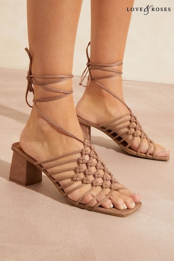 Love & Roses Taupe Brown Block Heeled Strappy Ankle Tie Low Sandals (K39291) | £52