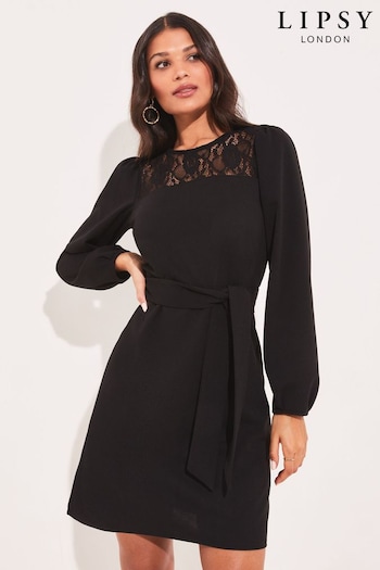 Lipsy Black Lace Long Sleeve Round Neck Tie Waist Shift Dress (K39295) | £36