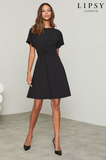 Lipsy Black Petite Twist Side Short Sleeve Mini Skater Dress Couture (K39296) | £42