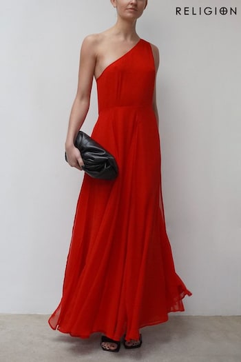 Religion Red One Shoulder Maxi Dress With Full Skirt (K39362) | £100
