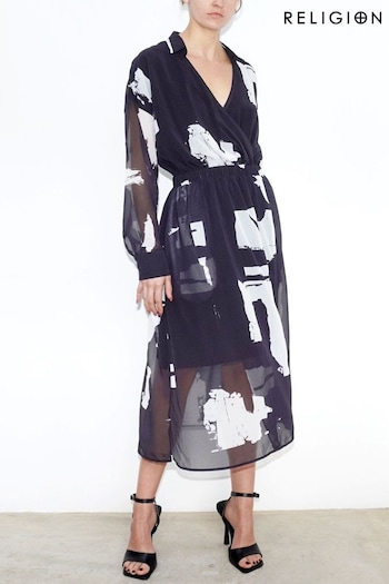 Religion Black Wrap Over Midi Dress (K39363) | £98