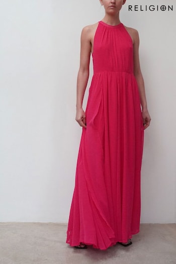 Religion Hot Pink Dusk Halter Neck Maxi Dress With Full Skirt (K39370) | £100