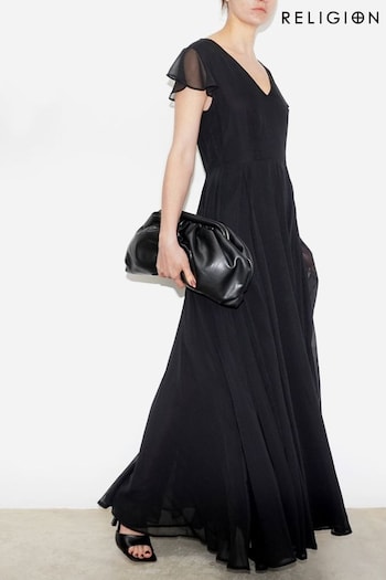 Religion Black Axis Capped Sleeve Maxi Dress With Full Skirt (K39372) | £100