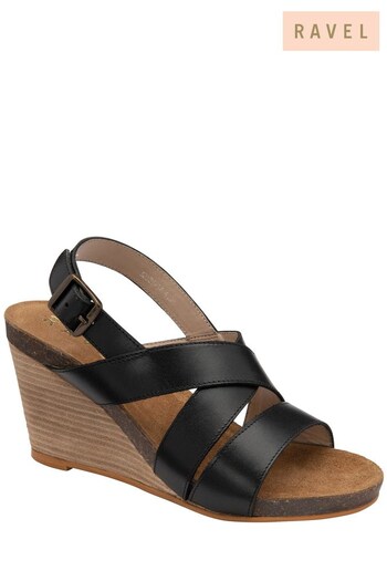 Ravel Black Leather Strappy Wedge Sandal With Buckle Fastening (K39393) | £70