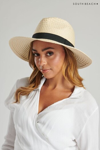 South Beach Neutral Straw Fedora Hat With Black Trim (K39570) | £20