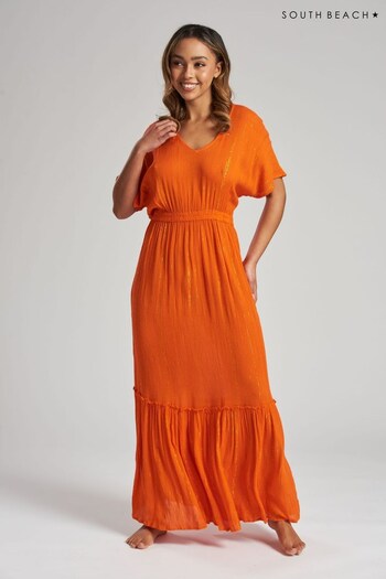 South Beach Orange Crinkle Metallic Maxi Beach Dress (K39651) | £32