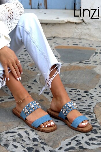 Linzi Blue Leighton Two Strap Embellished Flat Sandal (K39812) | £27