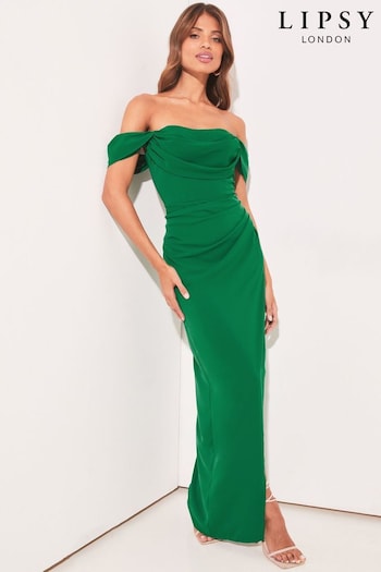 Lipsy Green Bardot Split Drape Maxi Dress Emma (K39832) | £88