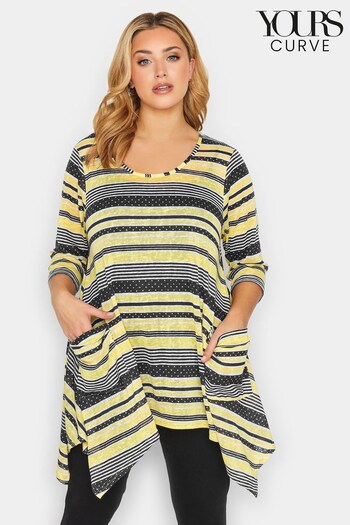 Yours Curve Yellow / Black Stripe 3/4 Sleeve Pocket Top (K39872) | £25
