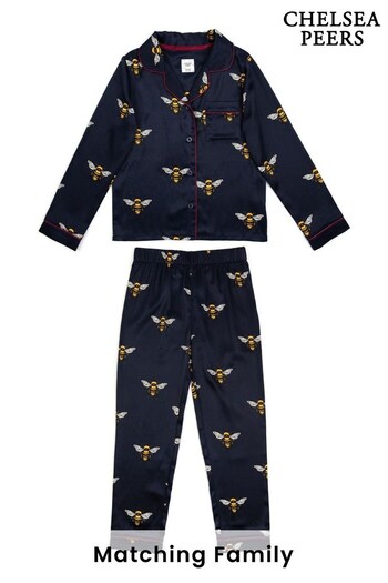 Chelsea Peers Navy Blue Bee Satin Button Up Long Pyjama Set - Kids (K40054) | £30