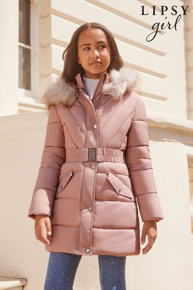 Lipsy Pink Longline Belted Padded School Coat (K40159) | £66 - £74