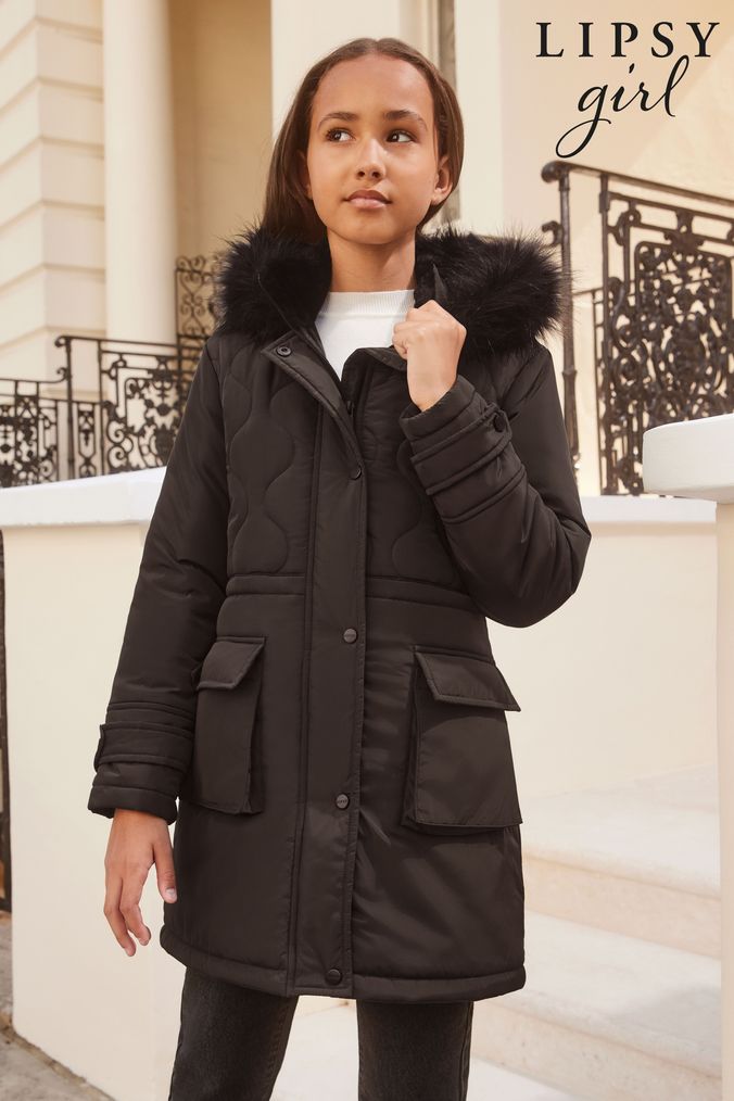 Lipsy Black Shower Resistant Padded Parka School Coat (K40164) | £64 - £72