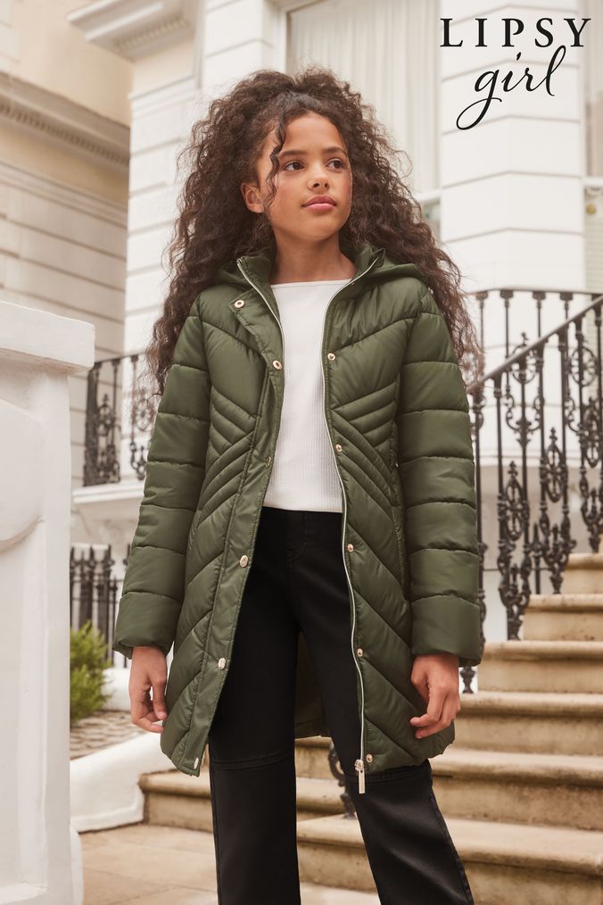 Lipsy Khaki Green Lightweight Longline Padded School Coat (K40171) | £48 - £56