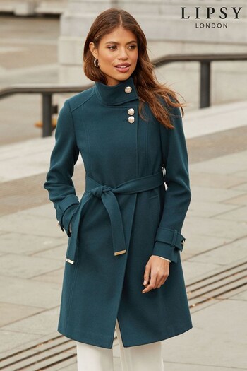 Lipsy Teal Green Petite Military Button Wrap High Neck Belted Coat (K40194) | £89