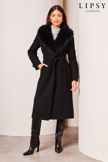 Lipsy Black Faux Fur Collar Belted Longline Wrap Coat (K40198) | £98