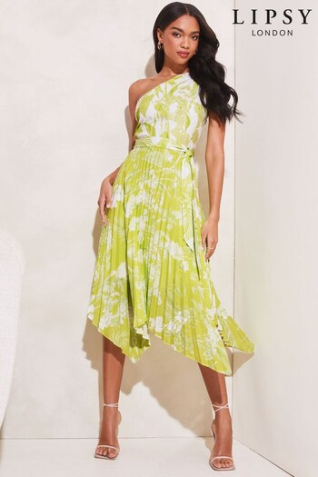 Lipsy Green One Shoulder Belted Pleated Midi Dress (K40206) | £79