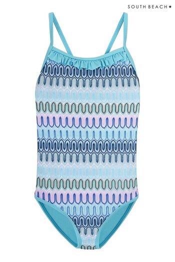 South Beach Blue Crochet Ruffle Neck Cross Back Swimsuit (K40290) | £16
