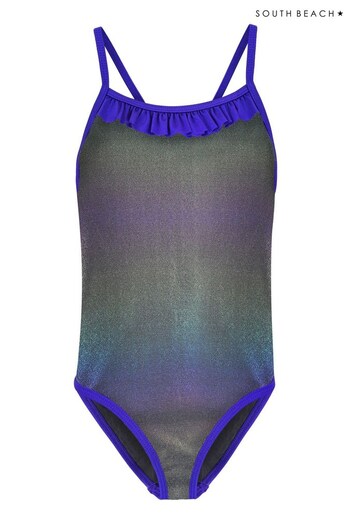 South Beach Purple Mermaid Metallic Ruffle Neck Cross Back Swimsuit (K40295) | £16