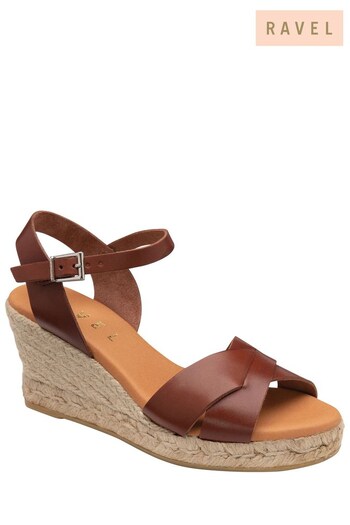 Ravel Brown Leather Rafia Wedge Espadrille With Buckle (K40341) | £85