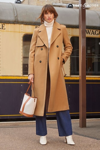 Love & Roses Camel Smart Double Breasted Belted Trench Coat (K40366) | £90