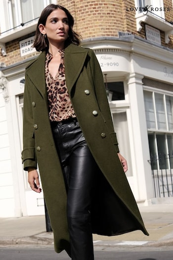 Love & Roses Khaki Green Petite Premium Military Long Line Coat (K40369) | £90