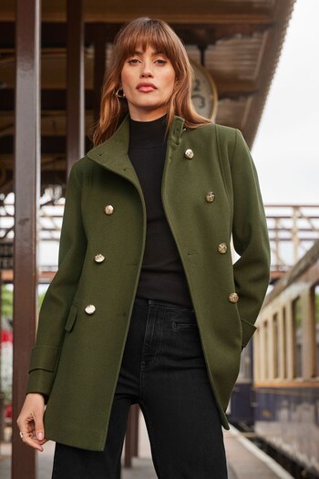 Gifts £50 - £100 Khaki Green Funnel Neck Short Double Breasted Military Coat (K40375) | £82