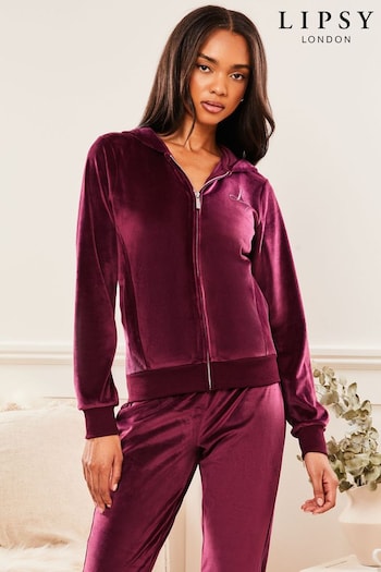 Lipsy Berry Red Petite Embroidered Patch Velour Zip Up Hoodie (K40392) | £28