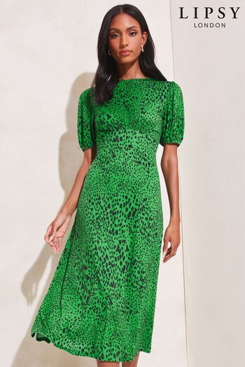 Lipsy Green Animal Jersey PUff Short Sleeve Underbust Summer Midi Dress (K40416) | £29